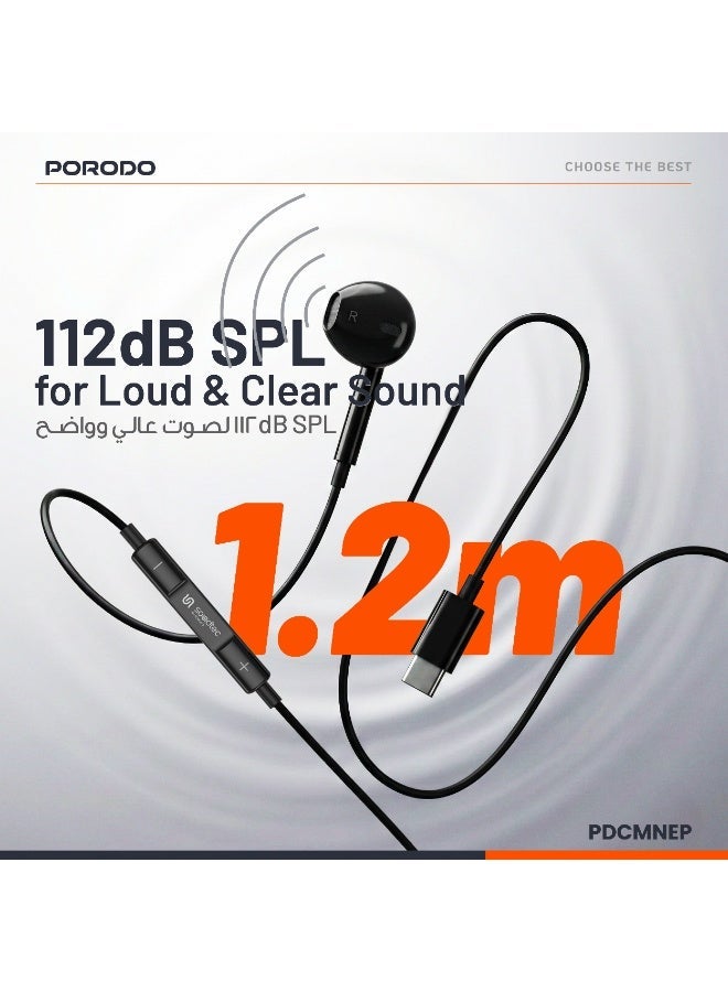 porodo Mono/Single Type-C Earphone With 3-Button Controls - White - Image 3